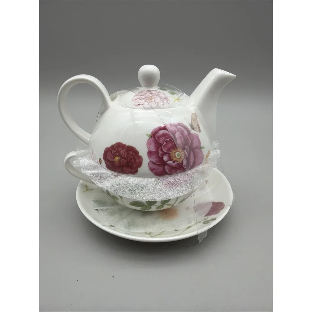 Stechcol Gracie Tea for One Teapot Cup Saucer Pink Floral Butterfly New